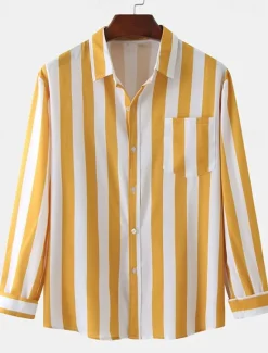 Clearance OUKU Men's Shirt Summer Shirt Casual Shirt Button Up Shirt Striped Shirts Black Royal Blue Blue Red Gray Long Sleeve Striped Turndown Vacation Street Front Pocket Clothing Apparel Polyester Stylish