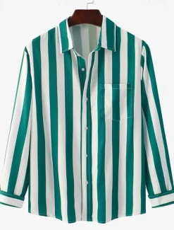 Clearance OUKU Men's Shirt Summer Shirt Casual Shirt Button Up Shirt Striped Shirts Black Royal Blue Blue Red Gray Long Sleeve Striped Turndown Vacation Street Front Pocket Clothing Apparel Polyester Stylish