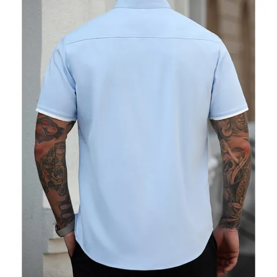 Online OUKU Men's Shirt Summer Shirt Casual Shirt Beach Shirt Button Up Shirt White Blue Short Sleeve Plain Band Collar Vacation Hawaiian Patchwork Clothing Apparel Polyester Fashion Casual Comfortable