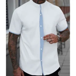 Online OUKU Men's Shirt Summer Shirt Casual Shirt Beach Shirt Button Up Shirt White Blue Short Sleeve Plain Band Collar Vacation Hawaiian Patchwork Clothing Apparel Polyester Fashion Casual Comfortable