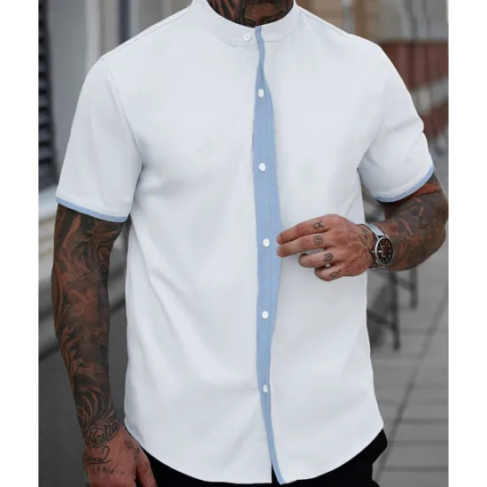 Online OUKU Men's Shirt Summer Shirt Casual Shirt Beach Shirt Button Up Shirt White Blue Short Sleeve Plain Band Collar Vacation Hawaiian Patchwork Clothing Apparel Polyester Fashion Casual Comfortable