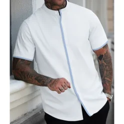 Online OUKU Men's Shirt Summer Shirt Casual Shirt Beach Shirt Button Up Shirt White Blue Short Sleeve Plain Band Collar Vacation Hawaiian Patchwork Clothing Apparel Polyester Fashion Casual Comfortable