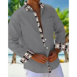 Outlet OUKU Men's Shirt Summer Shirt Casual Shirt Beach Shirt Button Up Shirt Orange khaki Beige Gray Long Sleeve Plain Pattern Lapel Vacation Hawaiian Button-Down Clothing Apparel Polyester Fashion Casual