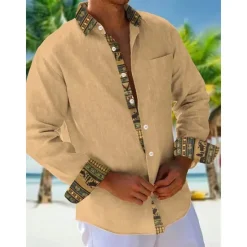 Outlet OUKU Men's Shirt Summer Shirt Casual Shirt Beach Shirt Button Up Shirt Orange khaki Beige Gray Long Sleeve Plain Pattern Lapel Vacation Hawaiian Button-Down Clothing Apparel Polyester Fashion Casual