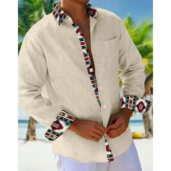 Outlet OUKU Men's Shirt Summer Shirt Casual Shirt Beach Shirt Button Up Shirt Orange khaki Beige Gray Long Sleeve Plain Pattern Lapel Vacation Hawaiian Button-Down Clothing Apparel Polyester Fashion Casual