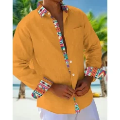 Outlet OUKU Men's Shirt Summer Shirt Casual Shirt Beach Shirt Button Up Shirt Orange khaki Beige Gray Long Sleeve Plain Pattern Lapel Vacation Hawaiian Button-Down Clothing Apparel Polyester Fashion Casual