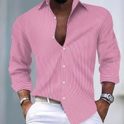 Outlet OUKU Men's Shirt Summer Shirt Casual Shirt Striped Shirt Button Up Shirt Black Light Green Pink Red Royal Blue Long Sleeve Stripe Collar Vacation Daily Clothing Apparel Fashion Casual