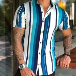 Online OUKU Men's Shirt Summer Shirt Casual Shirt Beach Shirt Button Up Shirt Striped Shirts Blue Orange Short Sleeve Stripes Turndown Vacation Hawaiian Clothing Apparel Polyester Fashion Casual Comfortable