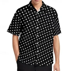 Hot OUKU Men's Shirt Summer Shirt Casual Shirt Beach Shirt Button Up Shirt Short Sleeve Polka Dot Lapel Vacation Hawaiian Clothing Apparel Polyester Fashion Casual Comfortable Black