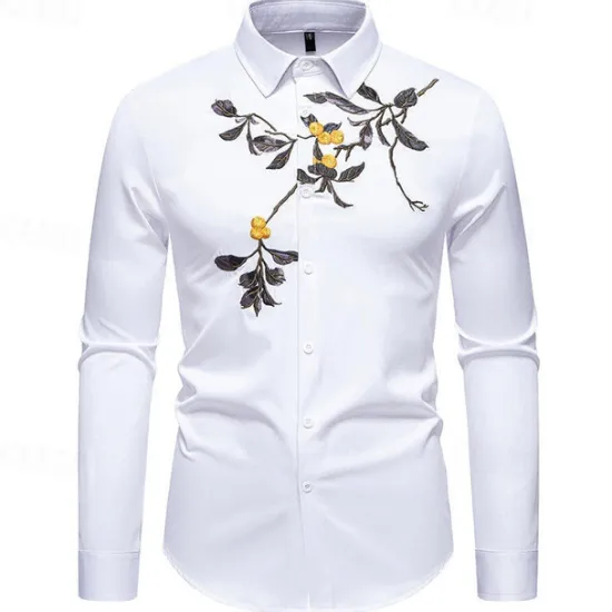 Online OUKU Men's Shirt Summer Shirt Casual Shirt Beach Shirt Button Up Shirt Black White Long Sleeve Floral Lapel Vacation Hawaiian Embroidered Clothing Apparel Polyester Fashion Casual Comfortable