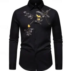 Online OUKU Men's Shirt Summer Shirt Casual Shirt Beach Shirt Button Up Shirt Black White Long Sleeve Floral Lapel Vacation Hawaiian Embroidered Clothing Apparel Polyester Fashion Casual Comfortable