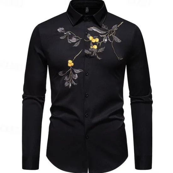 Online OUKU Men's Shirt Summer Shirt Casual Shirt Beach Shirt Button Up Shirt Black White Long Sleeve Floral Lapel Vacation Hawaiian Embroidered Clothing Apparel Polyester Fashion Casual Comfortable