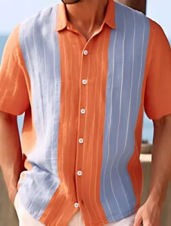 Clearance OUKU Men's Shirt Summer Shirt Casual Shirt Beach Shirt Button Up Shirt Short Sleeve Color Block Striped Lapel Vacation Daily Clothing Apparel Cotton Cotton Blend Fashion Casual Comfortable Orange