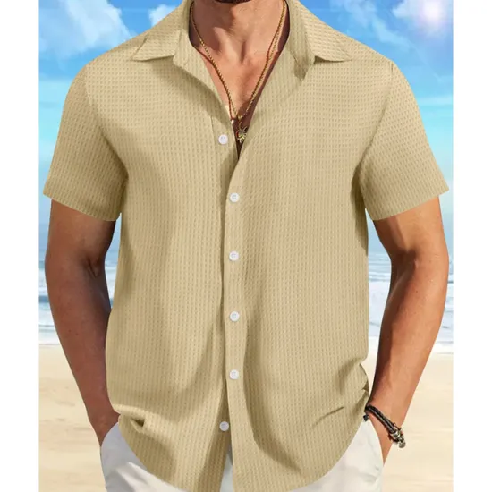 Sale OUKU Men's Shirt Summer Shirt Casual Shirt Beach Shirt Button Up Shirt Waffle Knit Shirt Black White Pink Blue Orange Short Sleeve Plain Lapel Vacation Hawaiian Clothing Apparel Polyester Fashion Casual