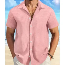Sale OUKU Men's Shirt Summer Shirt Casual Shirt Beach Shirt Button Up Shirt Waffle Knit Shirt Black White Pink Blue Orange Short Sleeve Plain Lapel Vacation Hawaiian Clothing Apparel Polyester Fashion Casual