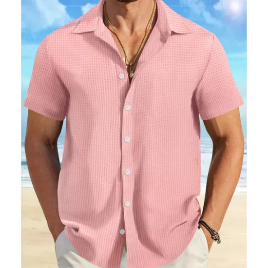 Sale OUKU Men's Shirt Summer Shirt Casual Shirt Beach Shirt Button Up Shirt Waffle Knit Shirt Black White Pink Blue Orange Short Sleeve Plain Lapel Vacation Hawaiian Clothing Apparel Polyester Fashion Casual