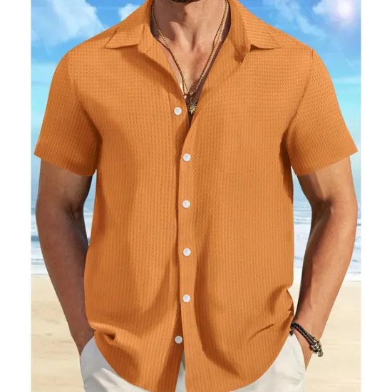 Sale OUKU Men's Shirt Summer Shirt Casual Shirt Beach Shirt Button Up Shirt Waffle Knit Shirt Black White Pink Blue Orange Short Sleeve Plain Lapel Vacation Hawaiian Clothing Apparel Polyester Fashion Casual
