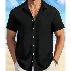 Sale OUKU Men's Shirt Summer Shirt Casual Shirt Beach Shirt Button Up Shirt Waffle Knit Shirt Black White Pink Blue Orange Short Sleeve Plain Lapel Vacation Hawaiian Clothing Apparel Polyester Fashion Casual