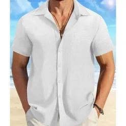 Sale OUKU Men's Shirt Summer Shirt Casual Shirt Beach Shirt Button Up Shirt Waffle Knit Shirt Black White Pink Blue Orange Short Sleeve Plain Lapel Vacation Hawaiian Clothing Apparel Polyester Fashion Casual