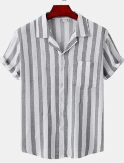 Discount OUKU Men's Shirt Summer Shirt Casual Shirt Button Up Shirt Striped Shirts Black White Yellow Pink Blue Short Sleeve Striped Turndown Vacation Street Clothing Apparel Cotton Stylish Classic Casual