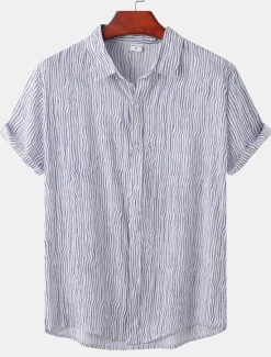 Discount OUKU Men's Shirt Summer Shirt Casual Shirt Button Up Shirt Striped Shirts Black White Yellow Pink Blue Short Sleeve Striped Turndown Vacation Street Clothing Apparel Cotton Stylish Classic Casual