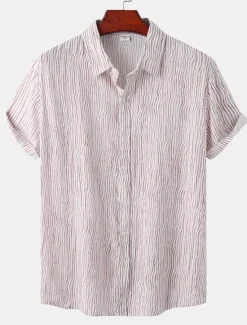 Discount OUKU Men's Shirt Summer Shirt Casual Shirt Button Up Shirt Striped Shirts Black White Yellow Pink Blue Short Sleeve Striped Turndown Vacation Street Clothing Apparel Cotton Stylish Classic Casual
