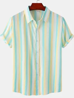 Discount OUKU Men's Shirt Summer Shirt Casual Shirt Button Up Shirt Striped Shirts Black White Yellow Pink Blue Short Sleeve Striped Turndown Vacation Street Clothing Apparel Cotton Stylish Classic Casual