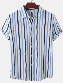 Discount OUKU Men's Shirt Summer Shirt Casual Shirt Button Up Shirt Striped Shirts Black White Yellow Pink Blue Short Sleeve Striped Turndown Vacation Street Clothing Apparel Cotton Stylish Classic Casual