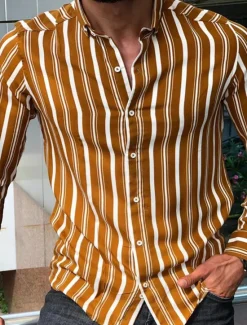 Clearance OUKU Men's Shirt Summer Shirt Casual Shirt Button Up Shirt Striped Shirts White Yellow Long Sleeve Striped Turndown Vacation Street Clothing Apparel Cotton Cotton Blend Fashion Leisure Comfortable