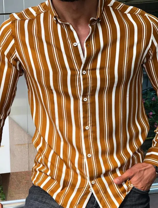 Clearance OUKU Men's Shirt Summer Shirt Casual Shirt Button Up Shirt Striped Shirts White Yellow Long Sleeve Striped Turndown Vacation Street Clothing Apparel Cotton Cotton Blend Fashion Leisure Comfortable
