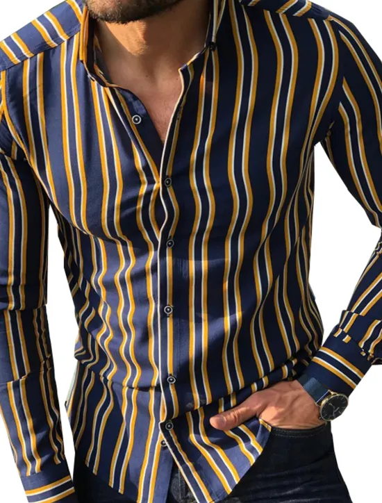 Clearance OUKU Men's Shirt Summer Shirt Casual Shirt Button Up Shirt Striped Shirts White Yellow Long Sleeve Striped Turndown Vacation Street Clothing Apparel Cotton Cotton Blend Fashion Leisure Comfortable