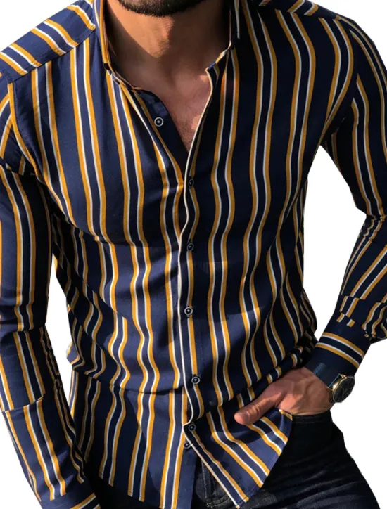 Clearance OUKU Men's Shirt Summer Shirt Casual Shirt Button Up Shirt Striped Shirts White Yellow Long Sleeve Striped Turndown Vacation Street Clothing Apparel Cotton Cotton Blend Fashion Leisure Comfortable