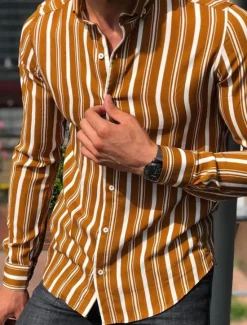 Clearance OUKU Men's Shirt Summer Shirt Casual Shirt Button Up Shirt Striped Shirts White Yellow Long Sleeve Striped Turndown Vacation Street Clothing Apparel Cotton Cotton Blend Fashion Leisure Comfortable