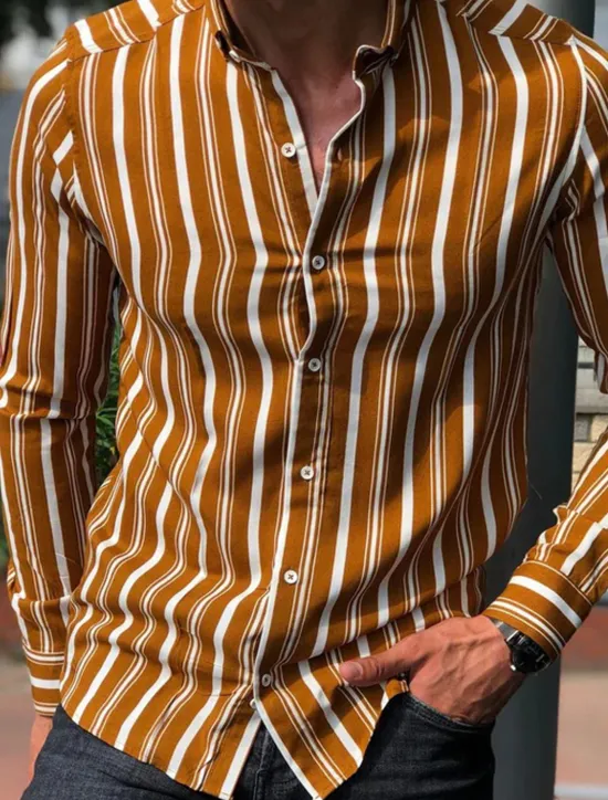 Clearance OUKU Men's Shirt Summer Shirt Casual Shirt Button Up Shirt Striped Shirts White Yellow Long Sleeve Striped Turndown Vacation Street Clothing Apparel Cotton Cotton Blend Fashion Leisure Comfortable