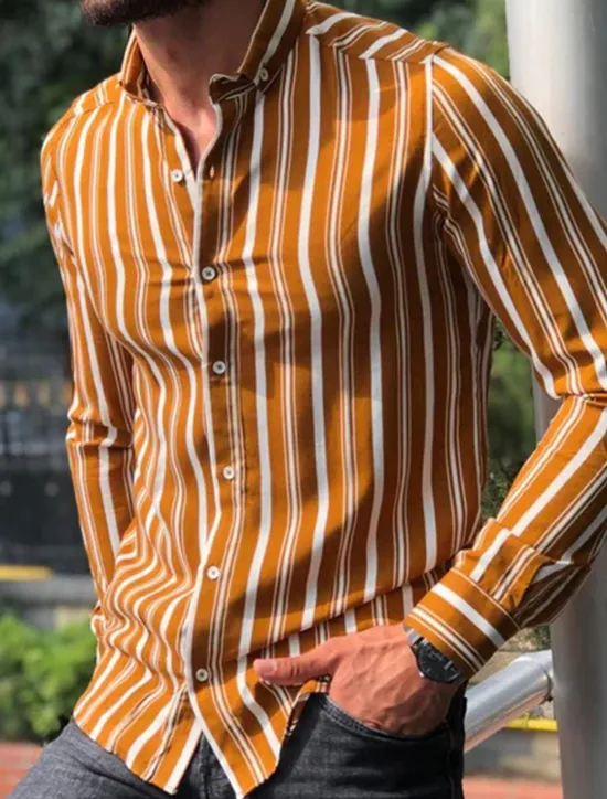Clearance OUKU Men's Shirt Summer Shirt Casual Shirt Button Up Shirt Striped Shirts White Yellow Long Sleeve Striped Turndown Vacation Street Clothing Apparel Cotton Cotton Blend Fashion Leisure Comfortable