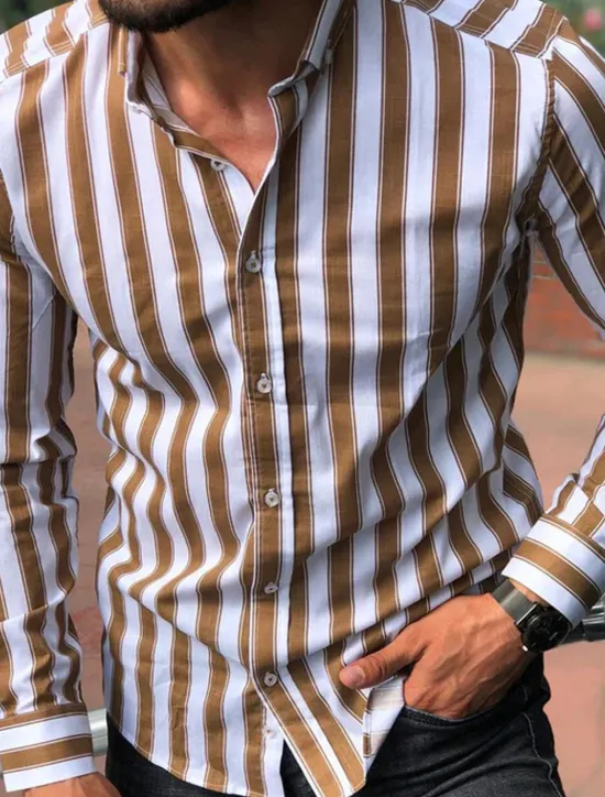 Clearance OUKU Men's Shirt Summer Shirt Casual Shirt Button Up Shirt Striped Shirts White Yellow Long Sleeve Striped Turndown Vacation Street Clothing Apparel Cotton Cotton Blend Fashion Leisure Comfortable