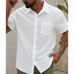 Sale OUKU Men's Shirt Summer Shirt Casual Shirt Beach Shirt Button Up Shirt Short Sleeve Plain Lapel Vacation Hawaiian Clothing Apparel Polyester Fashion Casual Comfortable White
