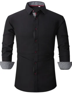 Discount OUKU Men's Shirt Summer Shirt Casual Shirt Button Up Shirt Black White Pink Wine Red Long Sleeve Geometric Color Block Lapel Vacation Daily Patchwork Clothing Apparel Polyester Fashion Casual Comfortable