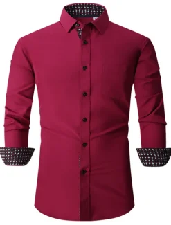 Discount OUKU Men's Shirt Summer Shirt Casual Shirt Button Up Shirt Black White Pink Wine Red Long Sleeve Geometric Color Block Lapel Vacation Daily Patchwork Clothing Apparel Polyester Fashion Casual Comfortable