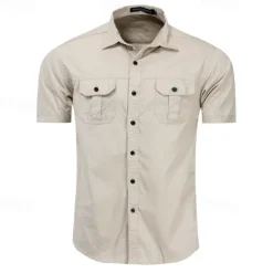 Outlet OUKU Men's Shirt Summer Shirt Casual Shirt Work Shirt Button Up Shirt Royal Blue khaki Army Green Short Sleeve Plain Lapel Vacation Holiday Front Pocket Clothing Apparel 100% Cotton Fashion Casual