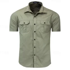 Outlet OUKU Men's Shirt Summer Shirt Casual Shirt Work Shirt Button Up Shirt Royal Blue khaki Army Green Short Sleeve Plain Lapel Vacation Holiday Front Pocket Clothing Apparel 100% Cotton Fashion Casual