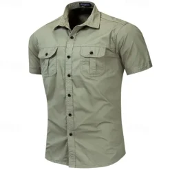 Outlet OUKU Men's Shirt Summer Shirt Casual Shirt Work Shirt Button Up Shirt Royal Blue khaki Army Green Short Sleeve Plain Lapel Vacation Holiday Front Pocket Clothing Apparel 100% Cotton Fashion Casual
