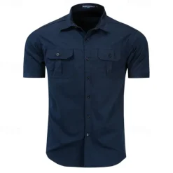 Outlet OUKU Men's Shirt Summer Shirt Casual Shirt Work Shirt Button Up Shirt Royal Blue khaki Army Green Short Sleeve Plain Lapel Vacation Holiday Front Pocket Clothing Apparel 100% Cotton Fashion Casual