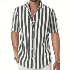 Best OUKU Men's Shirt Summer Shirt Casual Shirt Beach Shirt Button Up Shirt Black Pink Sky Blue Gray Short Sleeve Striped Lapel Vacation Hawaiian Buttons Clothing Apparel Polyester Fashion Casual Comfortable