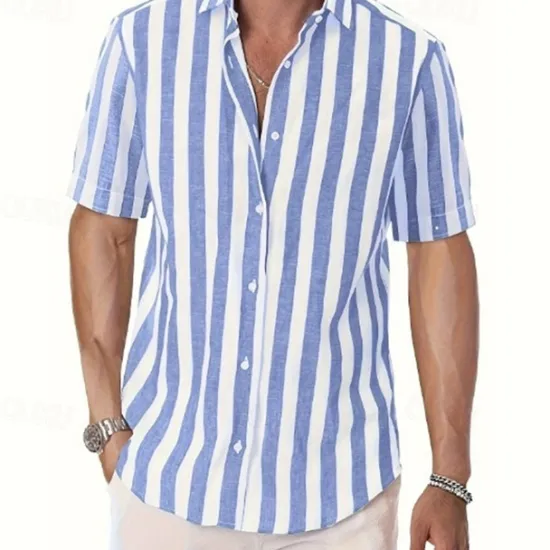 Best OUKU Men's Shirt Summer Shirt Casual Shirt Beach Shirt Button Up Shirt Black Pink Sky Blue Gray Short Sleeve Striped Lapel Vacation Hawaiian Buttons Clothing Apparel Polyester Fashion Casual Comfortable