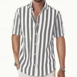 Best OUKU Men's Shirt Summer Shirt Casual Shirt Beach Shirt Button Up Shirt Black Pink Sky Blue Gray Short Sleeve Striped Lapel Vacation Hawaiian Buttons Clothing Apparel Polyester Fashion Casual Comfortable