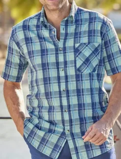 Sale OUKU Men's Shirt Summer Shirt Casual Shirt Beach Shirt Button Up Shirt Checked Shirts Short Sleeve Plaid Graphic Prints Turndown Vacation Street Print Clothing Apparel Cotton Cotton Blend Fashion Blue