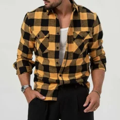 Best OUKU Men's Shirt Summer Shirt Casual Shirt Beach Shirt Button Up Shirt Overshirt Yellow Blue Long Sleeve Plaid Lapel Vacation Hawaiian Button-Down Clothing Apparel Fashion Casual Comfortable