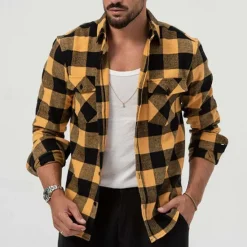 Best OUKU Men's Shirt Summer Shirt Casual Shirt Beach Shirt Button Up Shirt Overshirt Yellow Blue Long Sleeve Plaid Lapel Vacation Hawaiian Button-Down Clothing Apparel Fashion Casual Comfortable