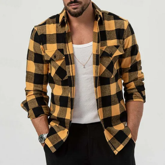 Best OUKU Men's Shirt Summer Shirt Casual Shirt Beach Shirt Button Up Shirt Overshirt Yellow Blue Long Sleeve Plaid Lapel Vacation Hawaiian Button-Down Clothing Apparel Fashion Casual Comfortable
